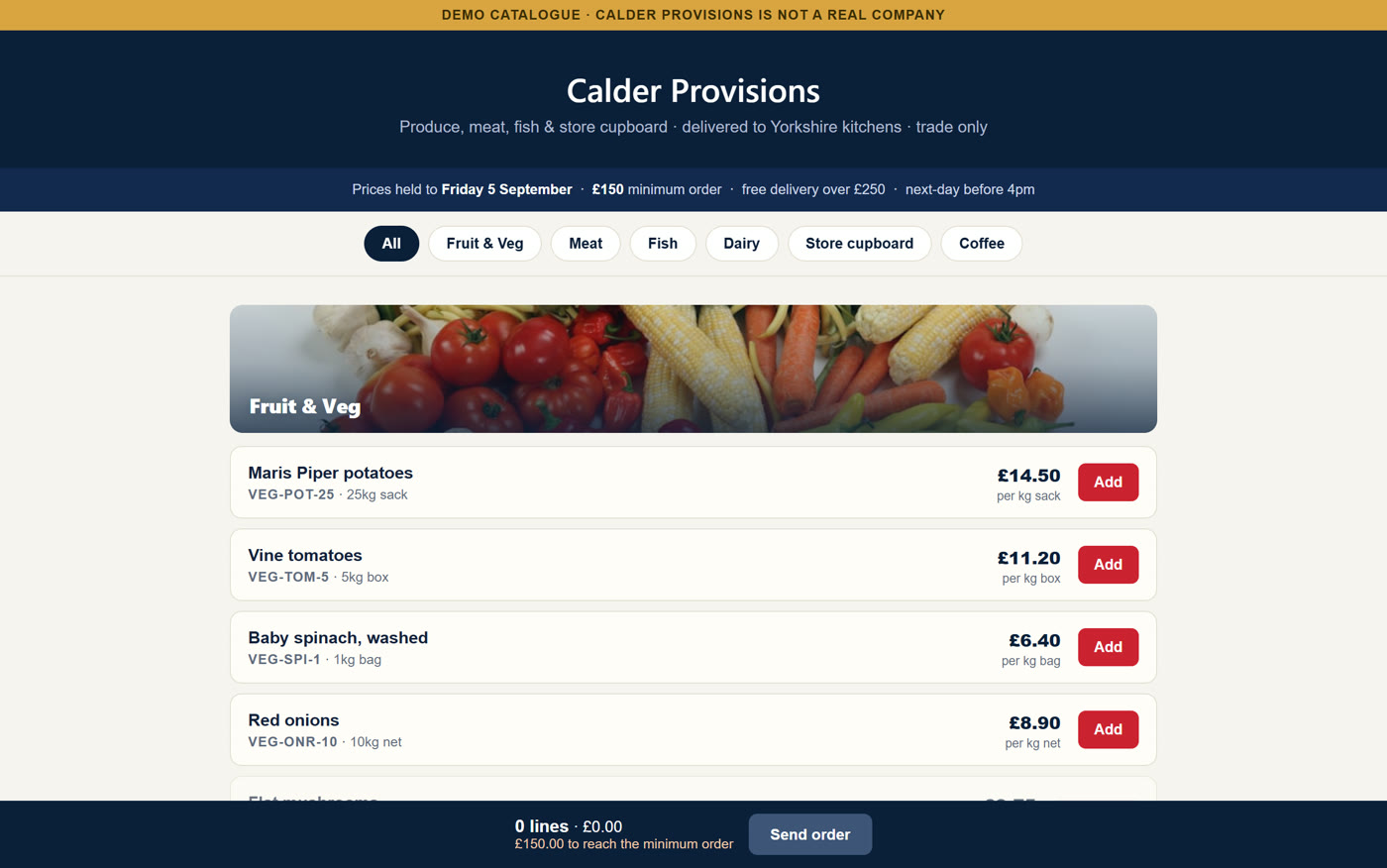 A food and drink trade catalogue with prices per case and an order bar