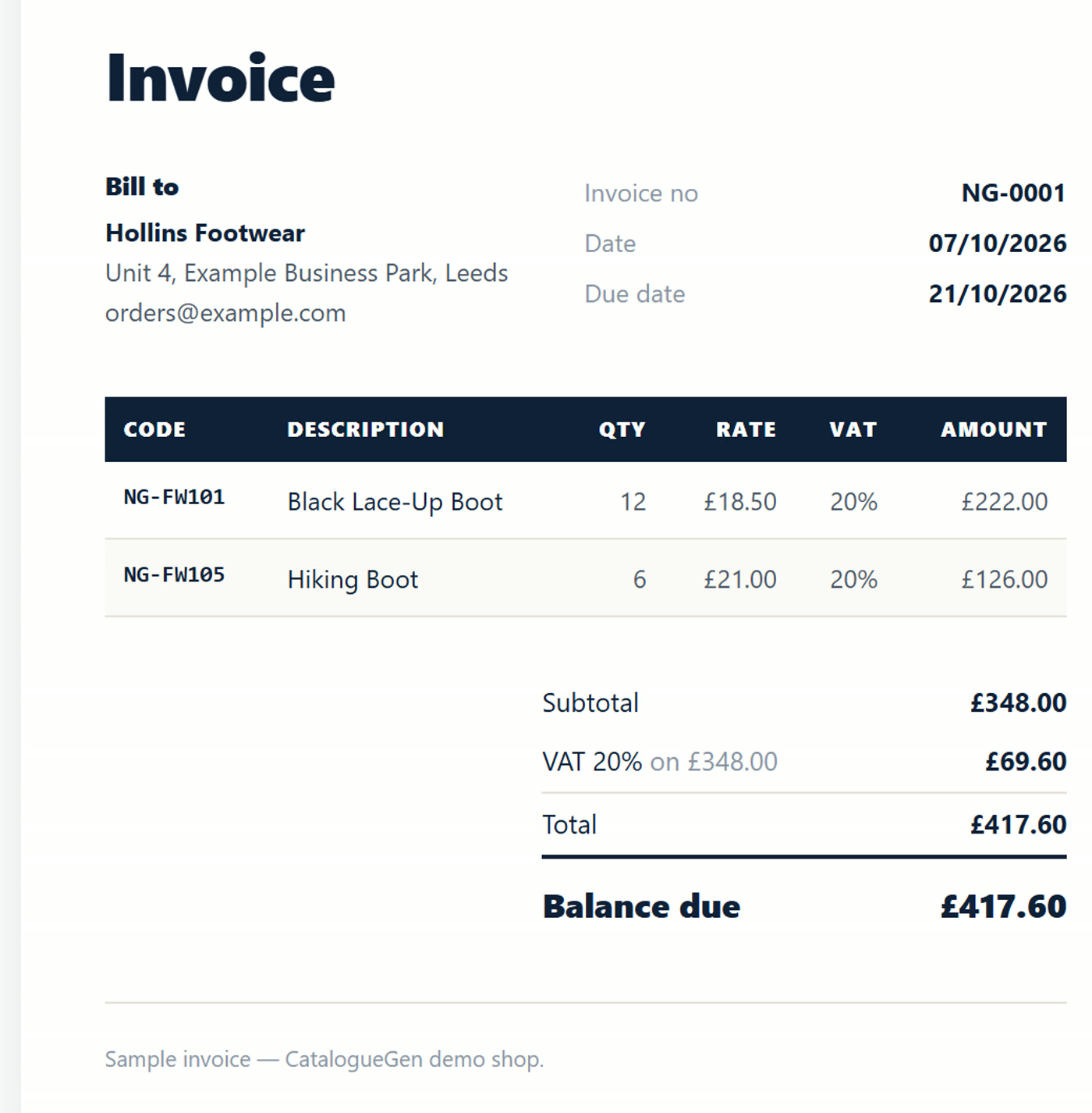 An invoice made from an order: codes, quantities, VAT and total