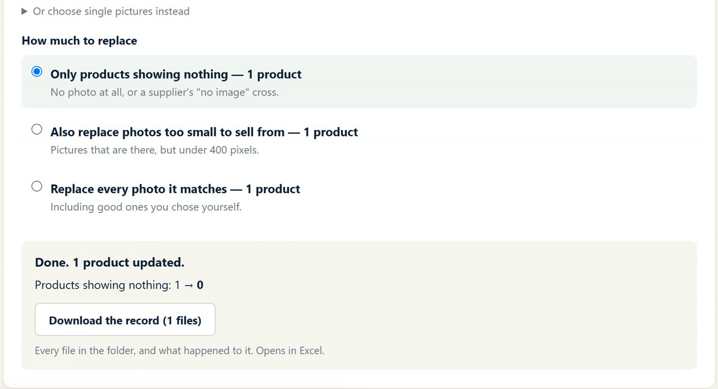 Photo Loader: choose how much to replace, then the result: products showing nothing goes from 1 to 0