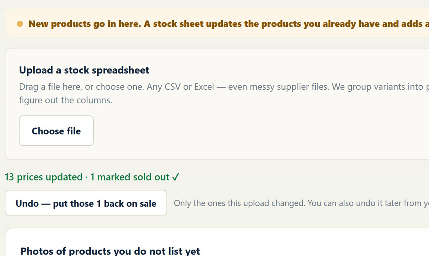 13 prices updated, 1 marked sold out, with an Undo button