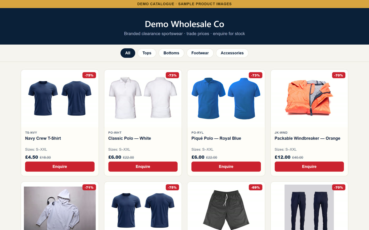 A wholesale catalogue: product cards with trade prices, RRP and discounts